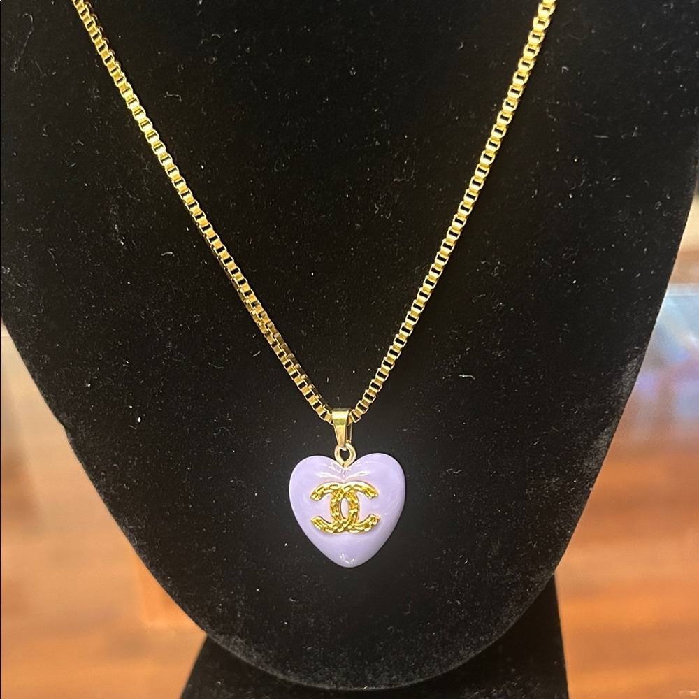 Gold  Necklace with Lavender Heart Pendant (stamped)